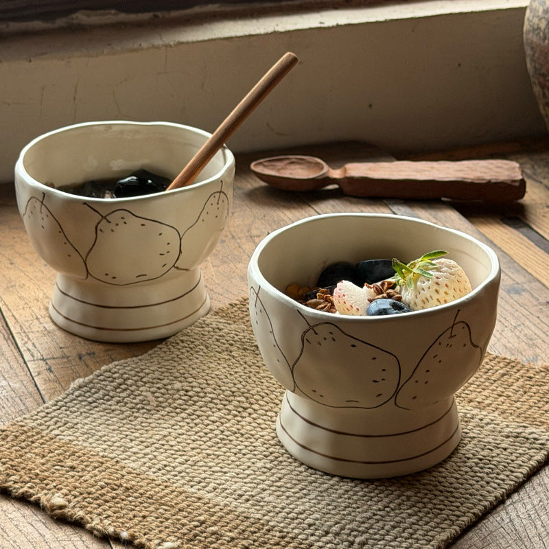 Hand-Drawn Pear Underglaze Ceramic Footed Bowl