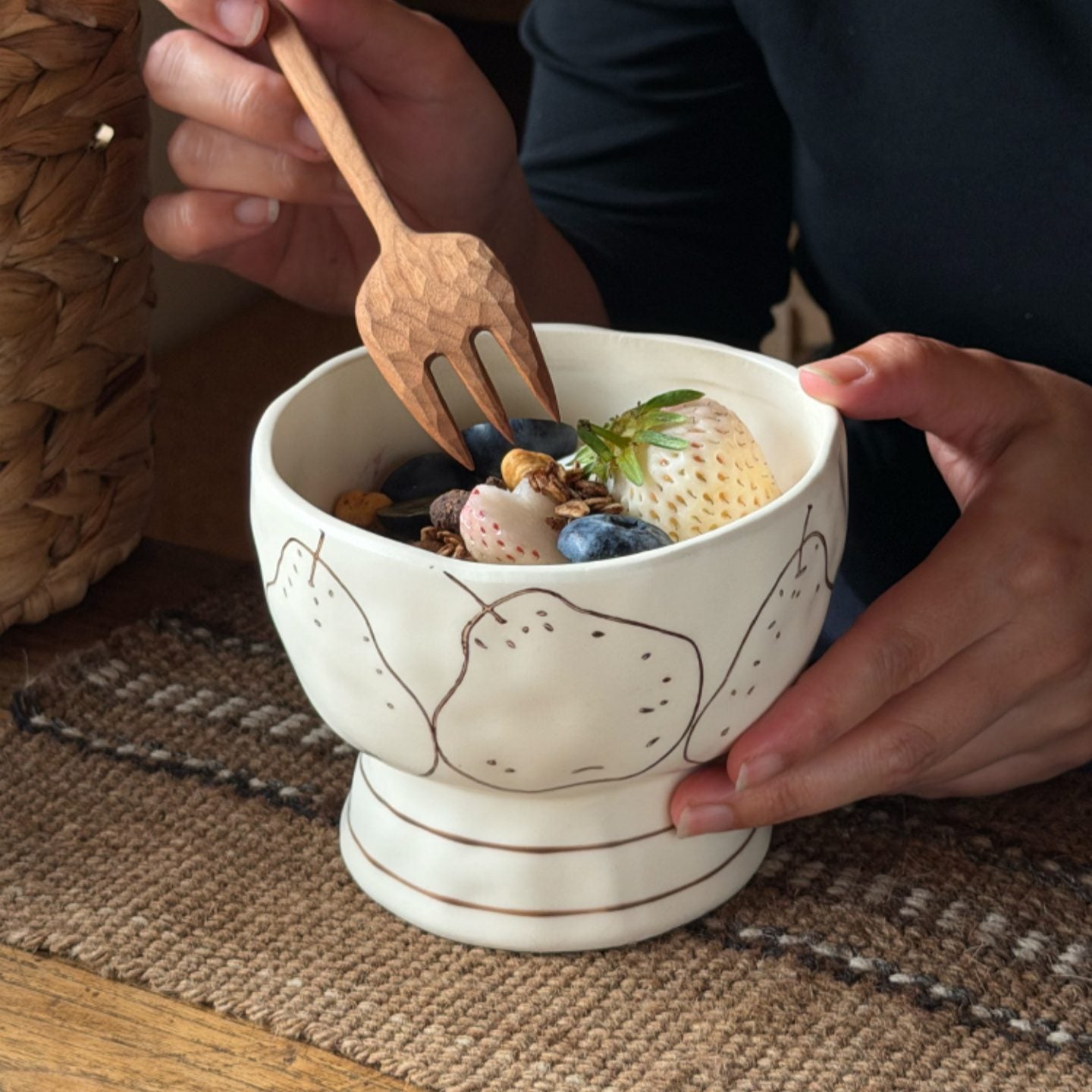 Hand-Drawn Pear Underglaze Ceramic Footed Bowl