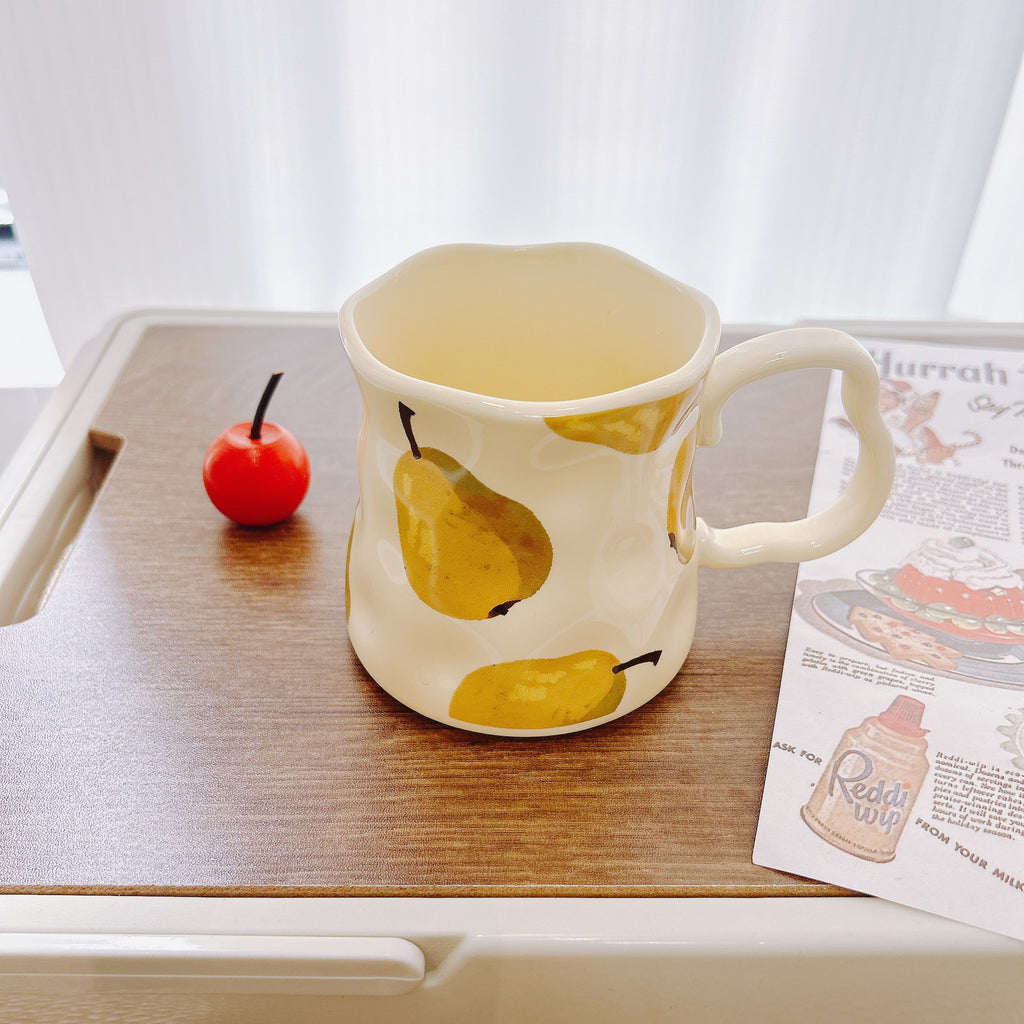 Handmade Underglaze Ceramic Coffee Mug with Hand-Drawn Pear Pattern, 400ml