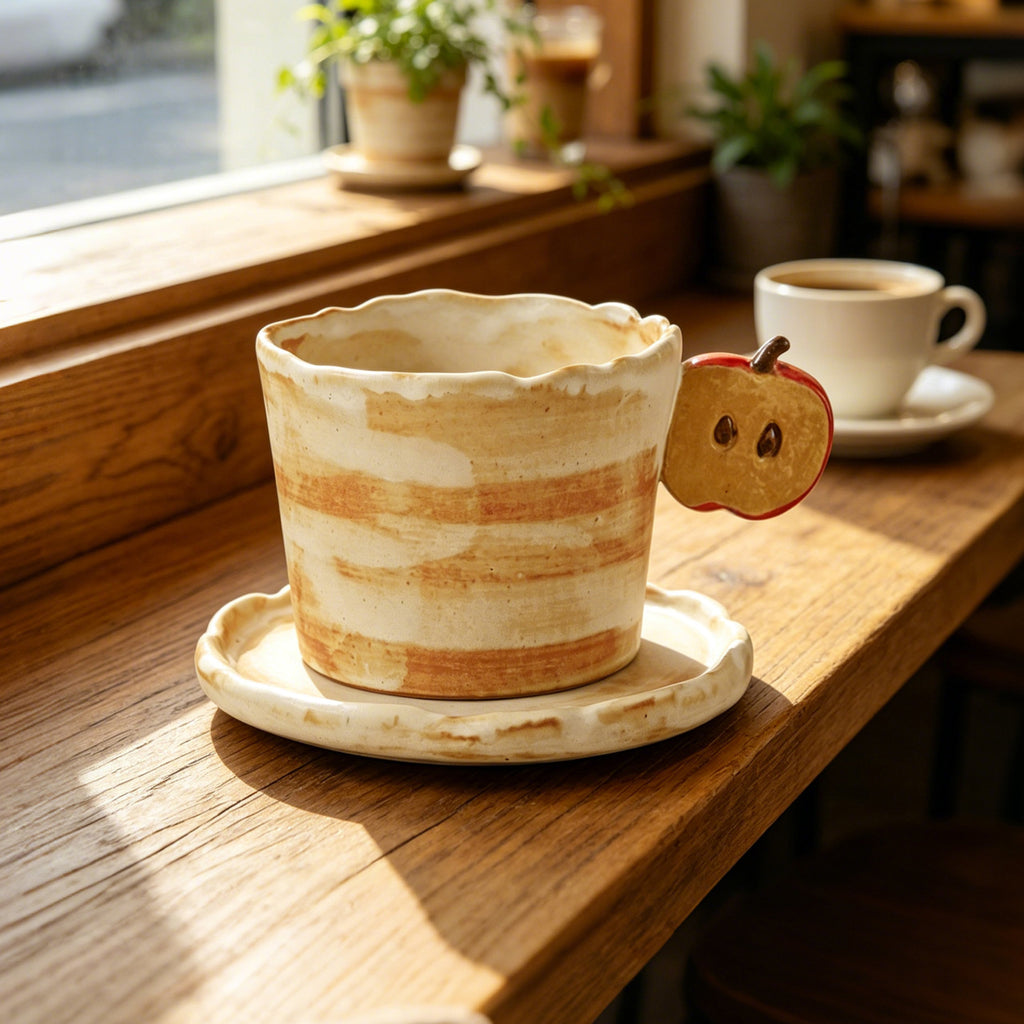 Handcrafted Ceramic Coffee Mug Set with 3D Apple Accent, 250ml
