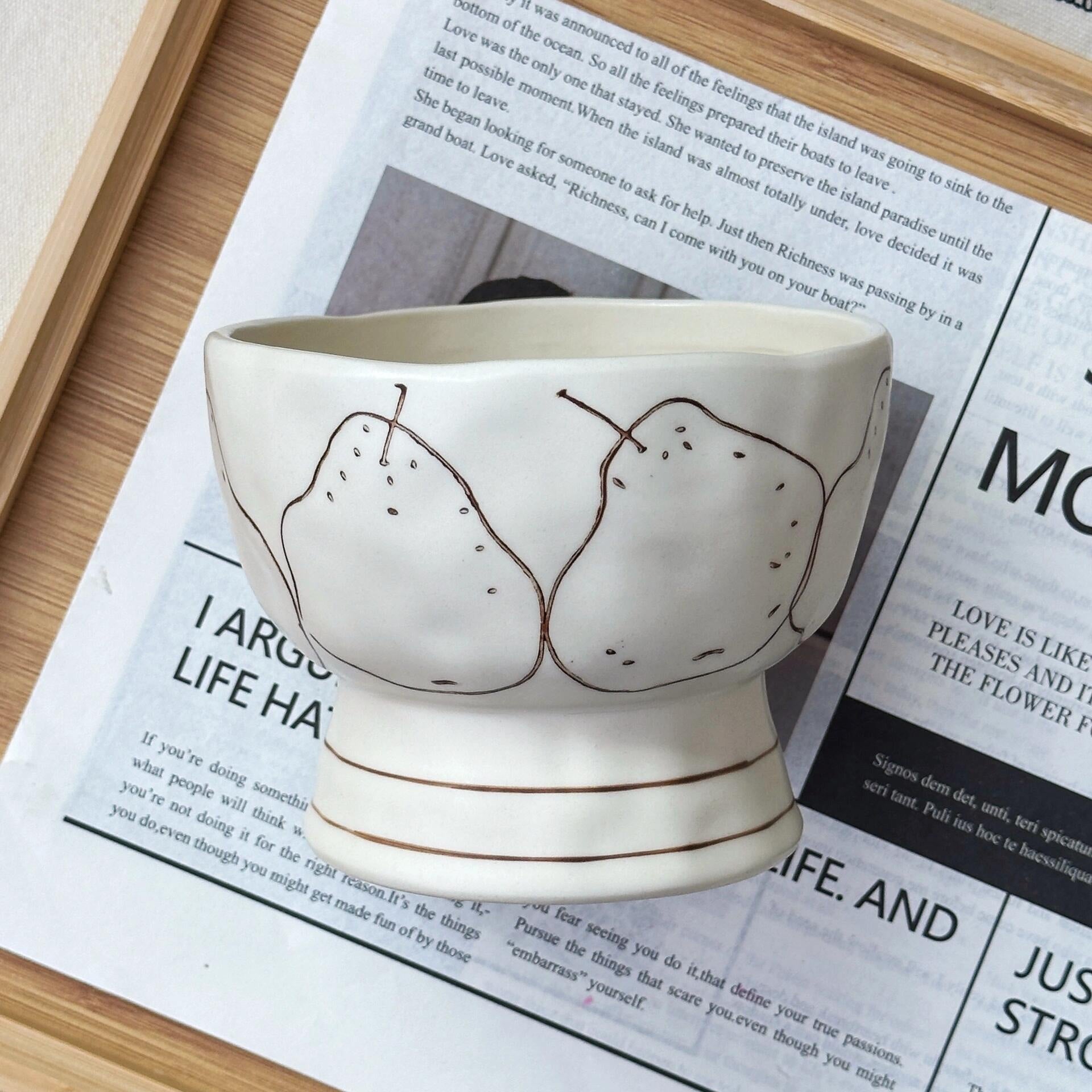Hand-Drawn Pear Underglaze Ceramic Footed Bowl