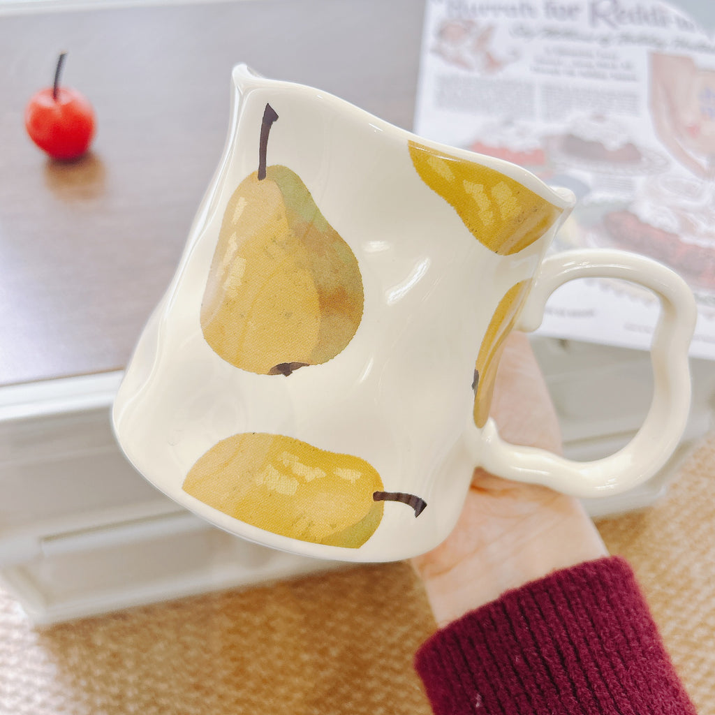 Handmade Underglaze Ceramic Coffee Mug with Hand-Drawn Pear Pattern, 400ml