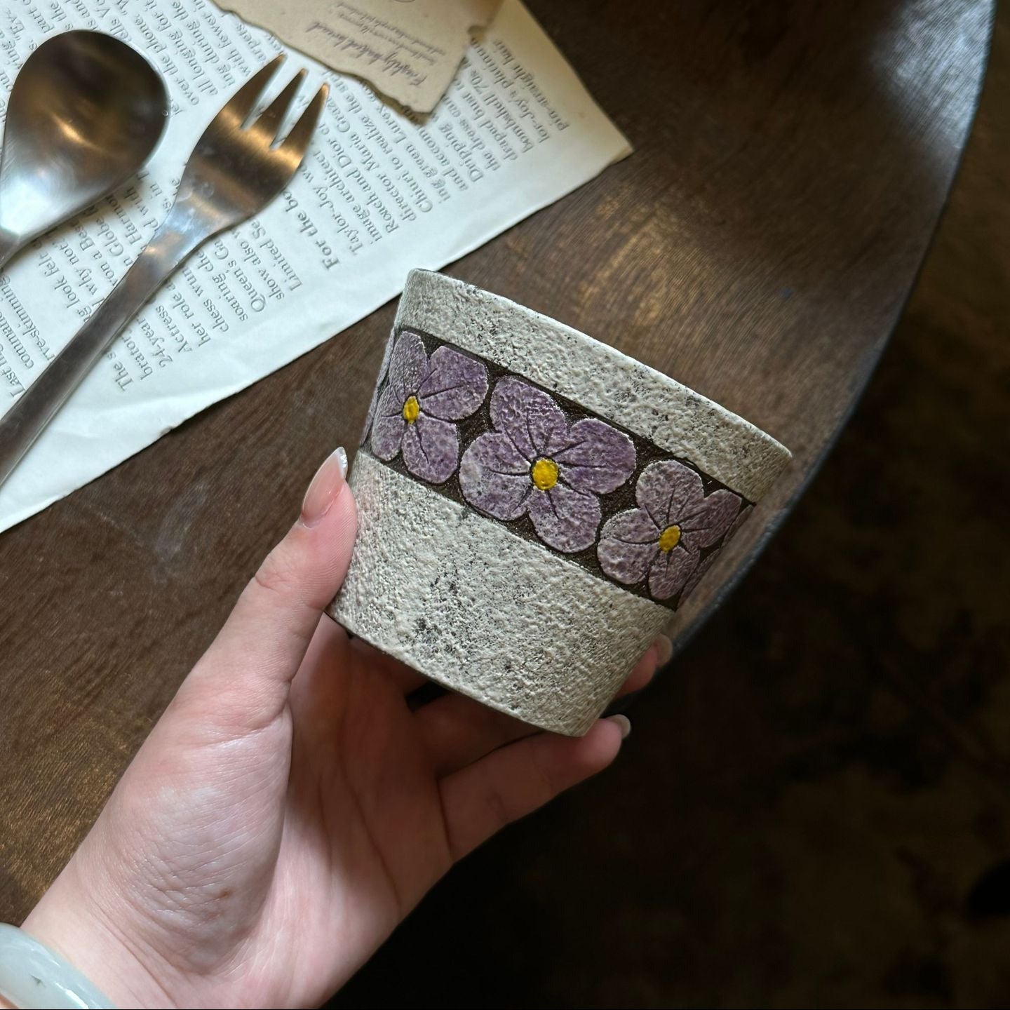 Hand-Carved Purple Floral Ceramic Coffee Cup, 280ml