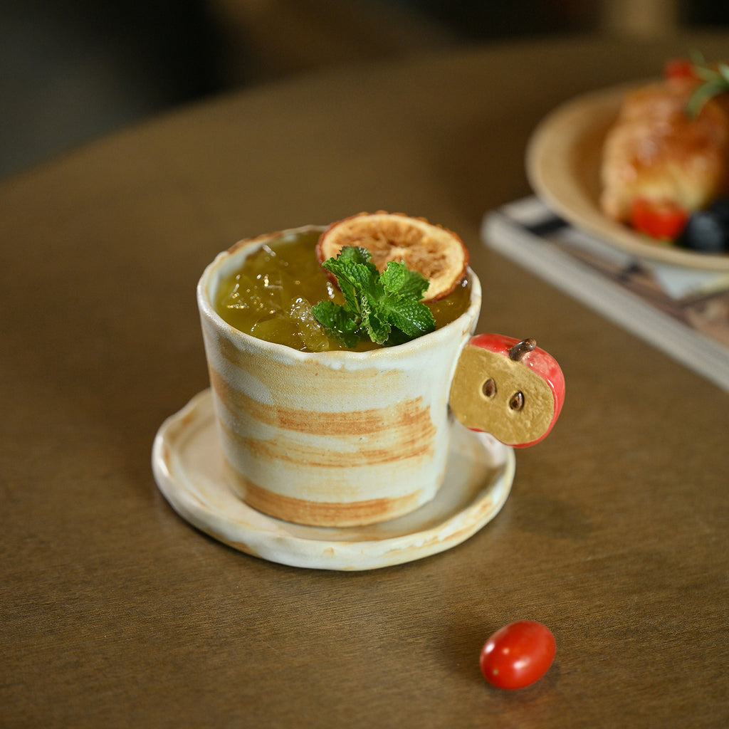 Handcrafted Ceramic Coffee Mug Set with 3D Apple Accent, 250ml