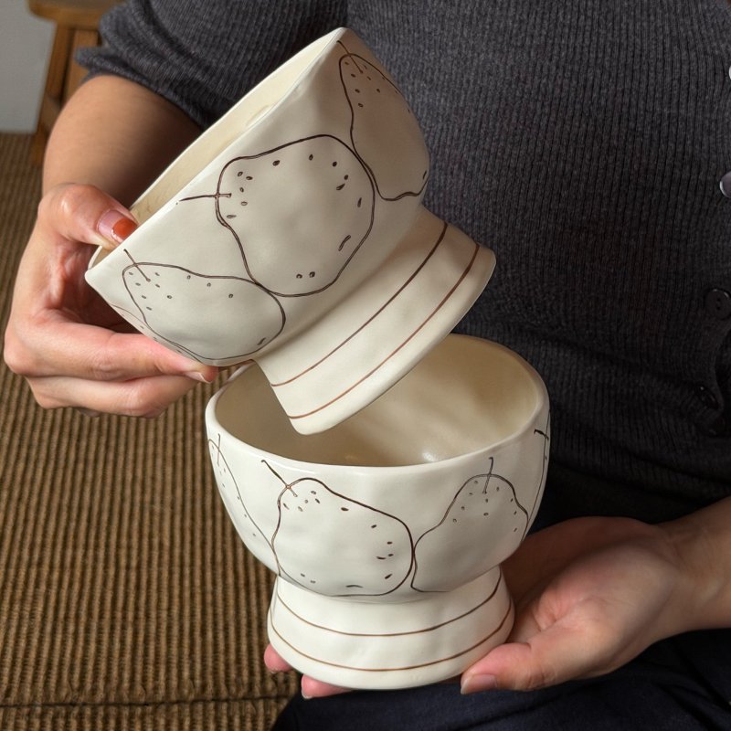 Hand-Drawn Pear Underglaze Ceramic Footed Bowl