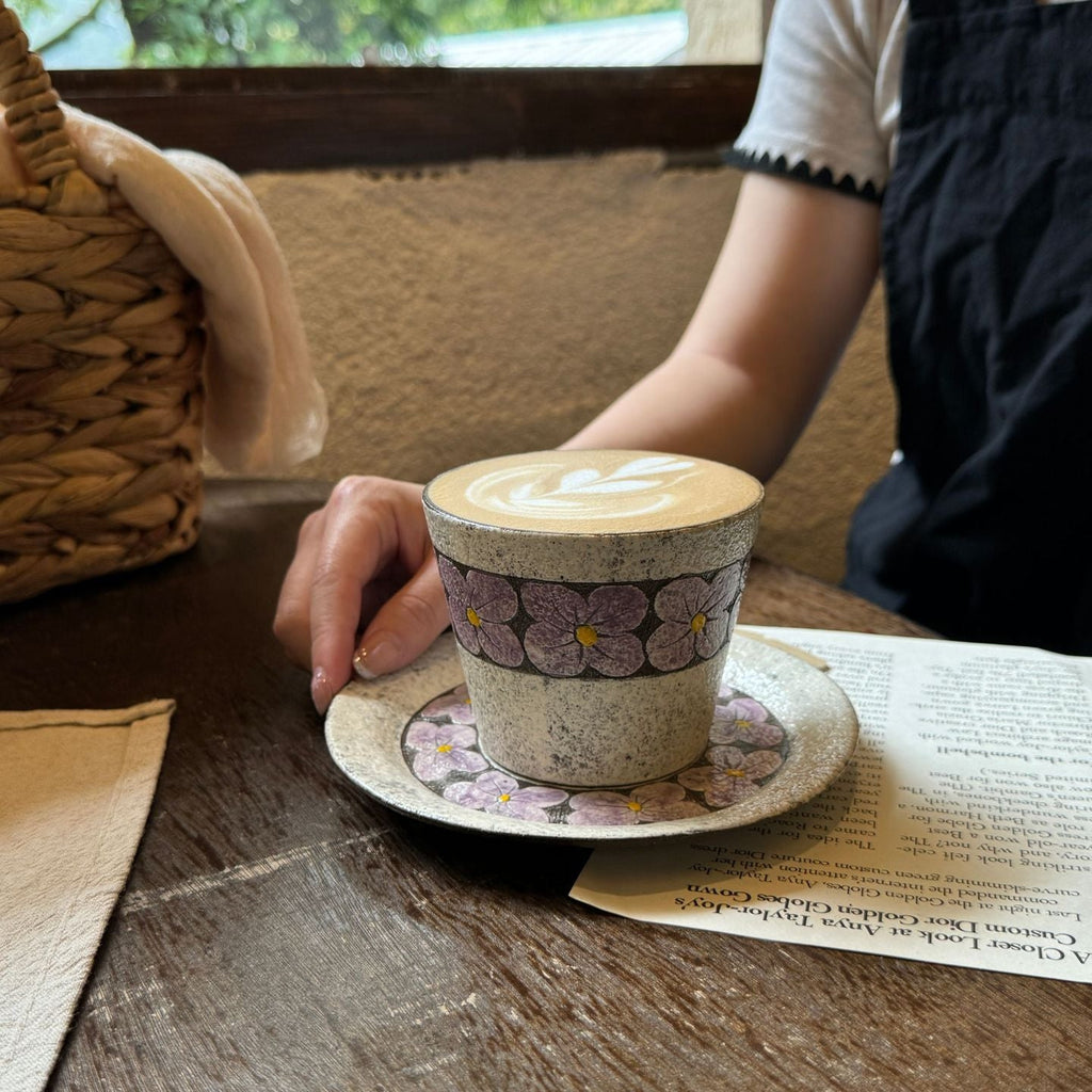 Hand-Carved Purple Floral Ceramic Coffee Cup, 280ml