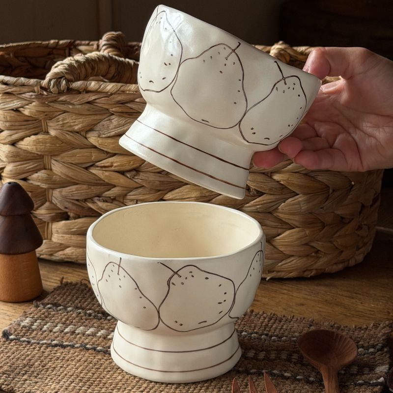 Hand-Drawn Pear Underglaze Ceramic Footed Bowl