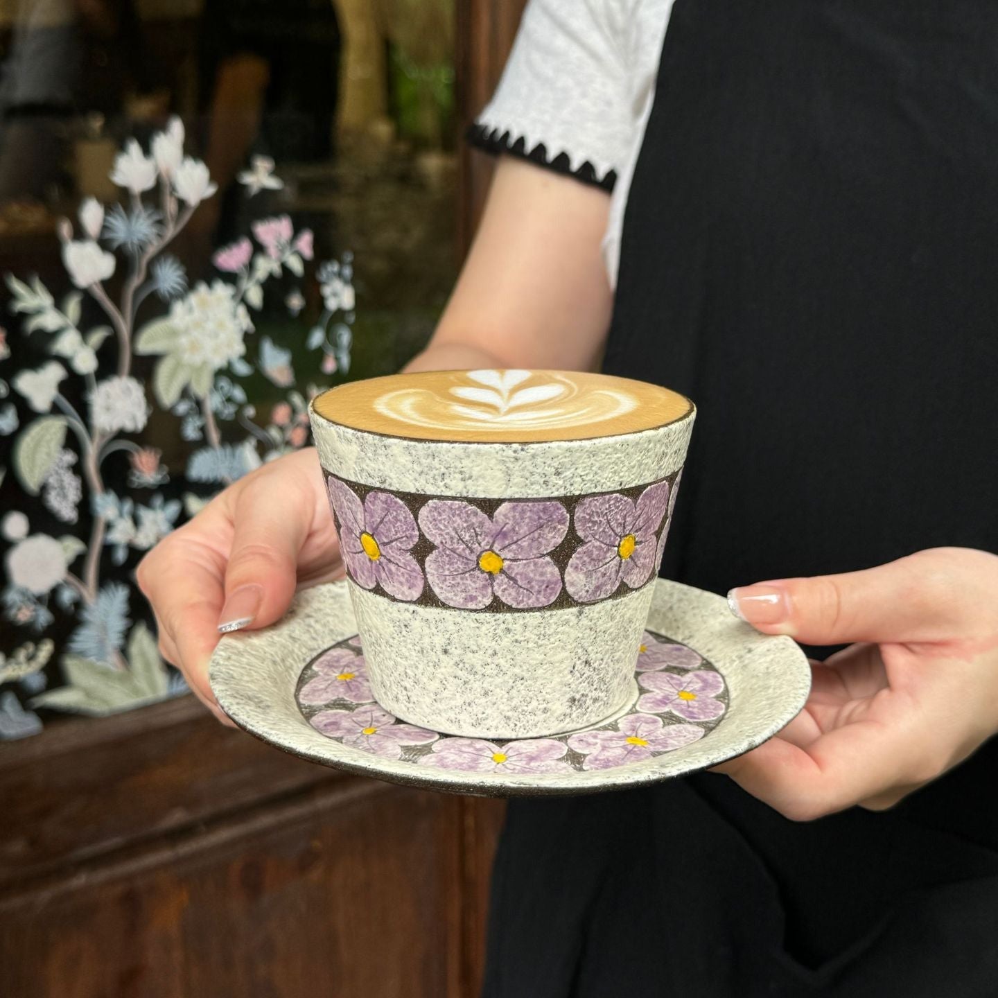 Hand-Carved Purple Floral Ceramic Coffee Cup, 280ml