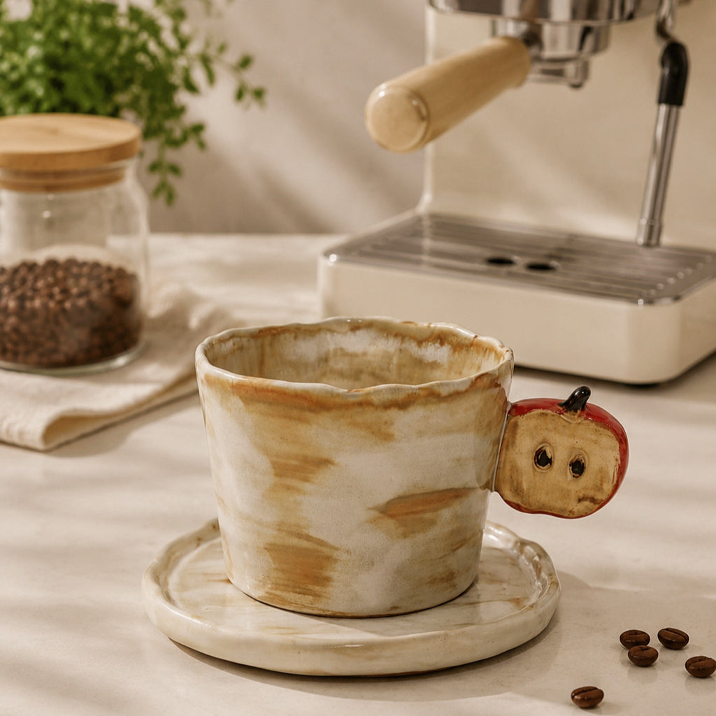 Handcrafted Ceramic Coffee Mug Set with 3D Apple Accent, 250ml