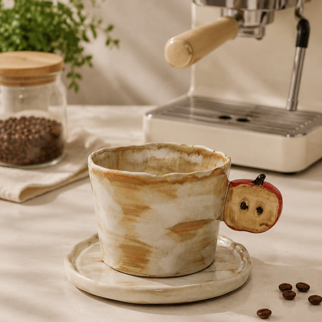 Handcrafted Ceramic Coffee Mug Set with 3D Apple Accent, 250ml
