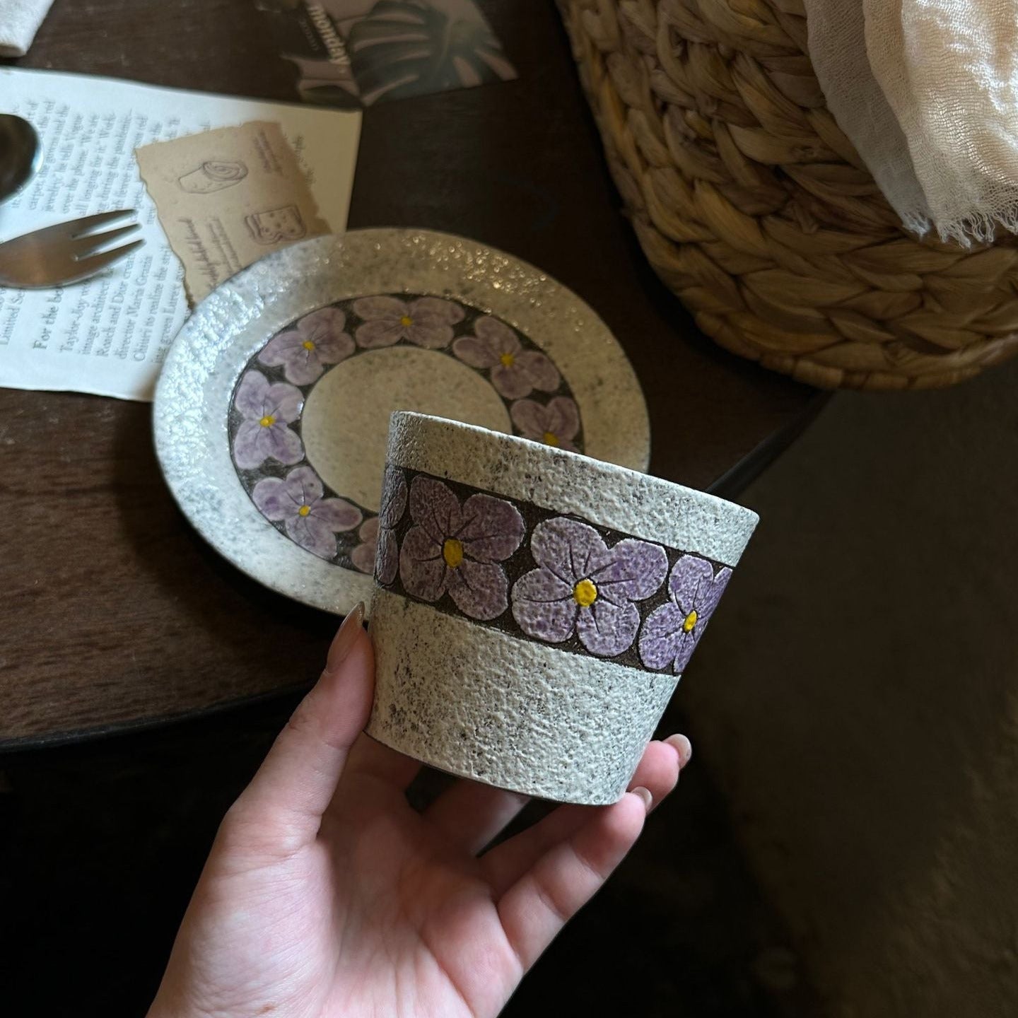 Hand-Carved Purple Floral Ceramic Coffee Cup, 280ml