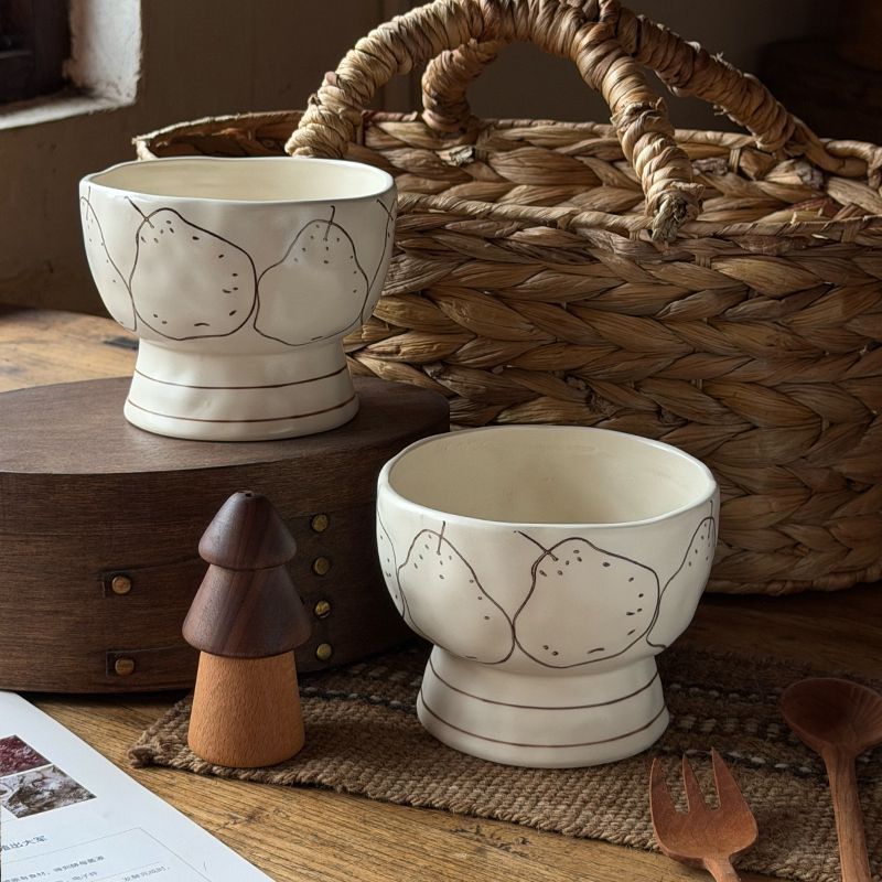 Hand-Drawn Pear Underglaze Ceramic Footed Bowl