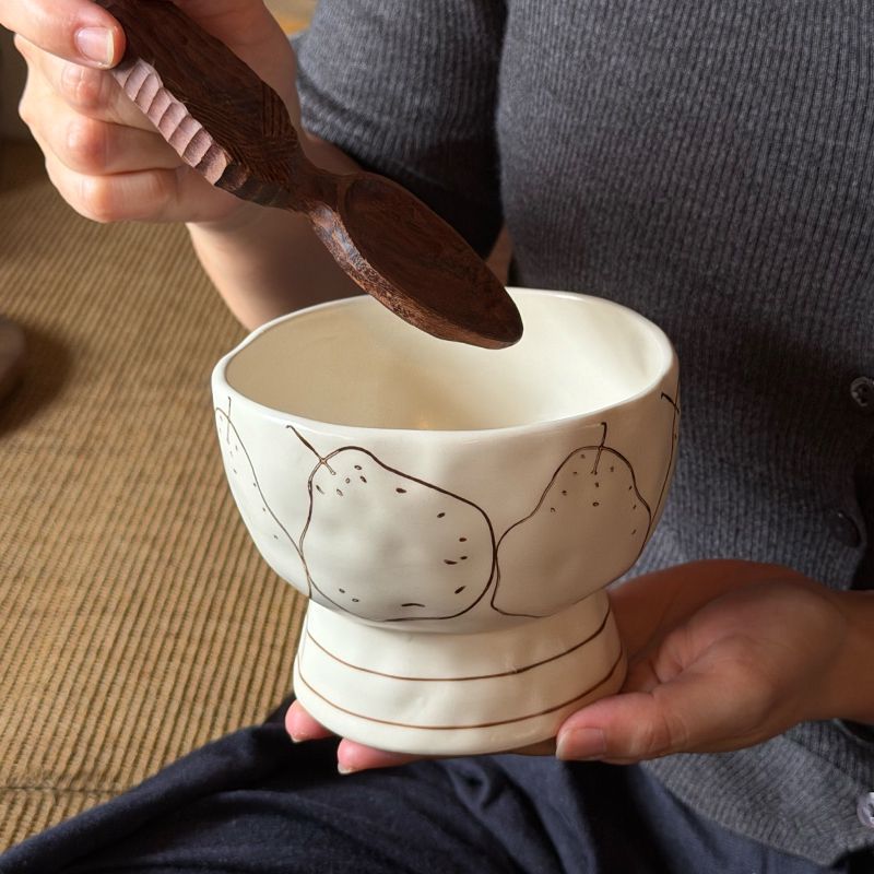 Hand-Drawn Pear Underglaze Ceramic Footed Bowl