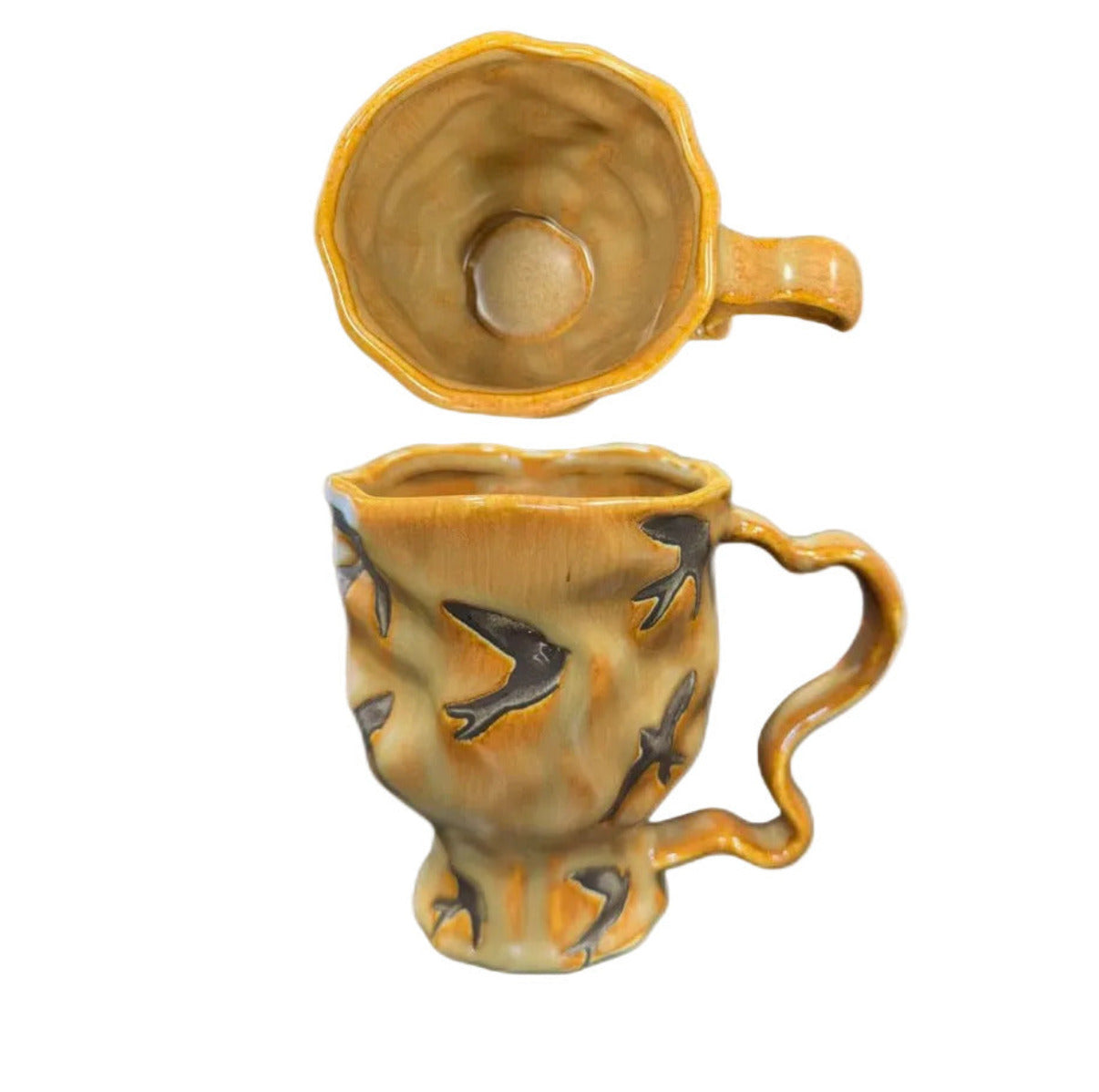 Handmade Kiln-Glazed Ceramic Mug with Curved Handle, 420ml