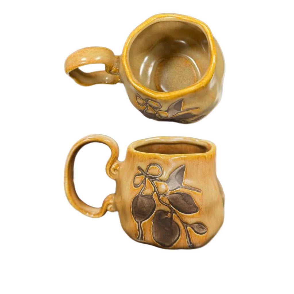 Handmade Kiln-Glazed Ceramic Mug with Embossed Lemon Branch, 500ml