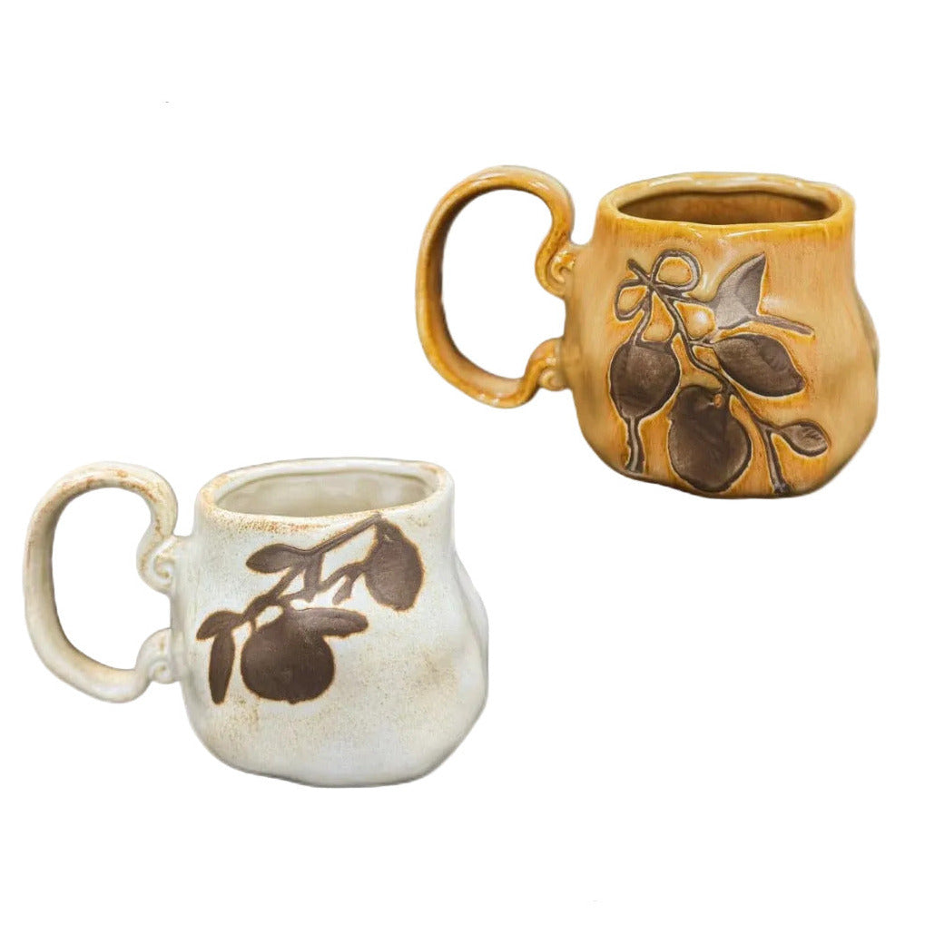 Handmade Kiln-Glazed Ceramic Mug with Embossed Lemon Branch, 500ml